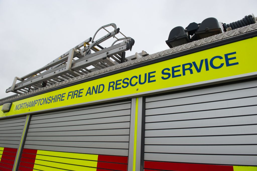 Northamptonshire Fire and Rescue Service sign on the side of a fire engine