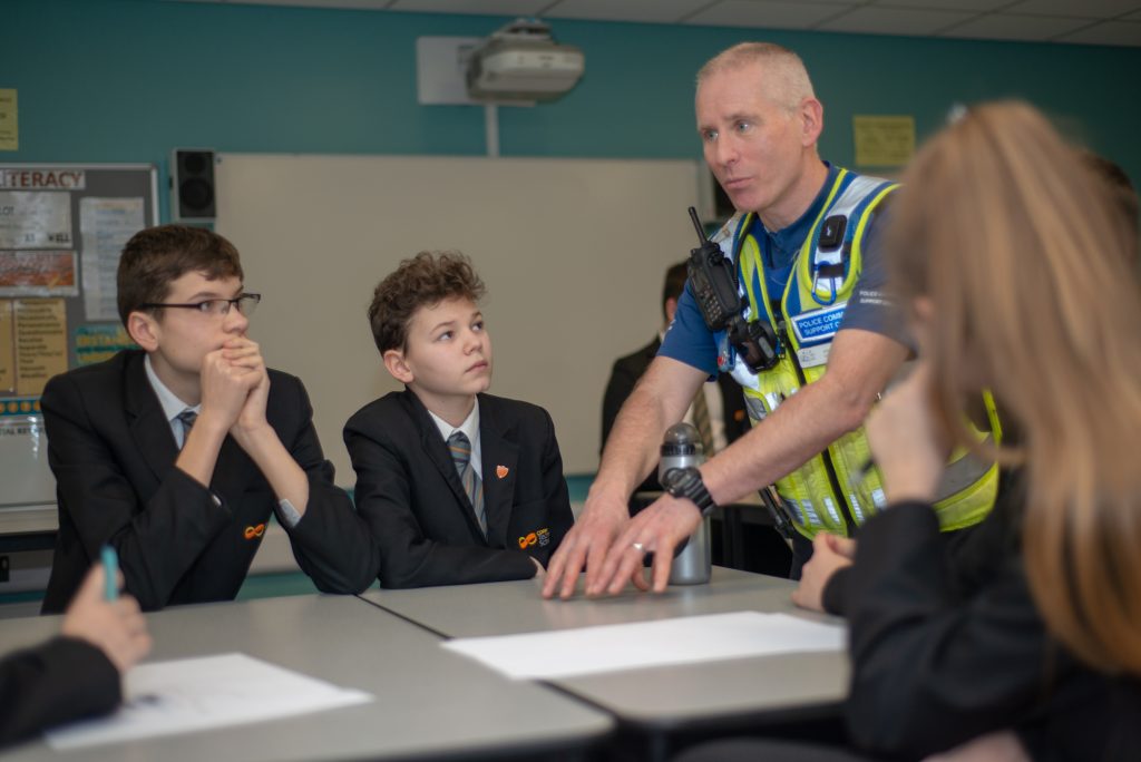 PCSO Steve Coles speaks to students about knife crime and the Northamptonshire County Schools Challenge