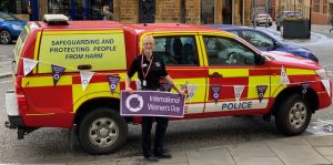 Firefighter Laura Cull taking part in International Women's Day event at Guildhall