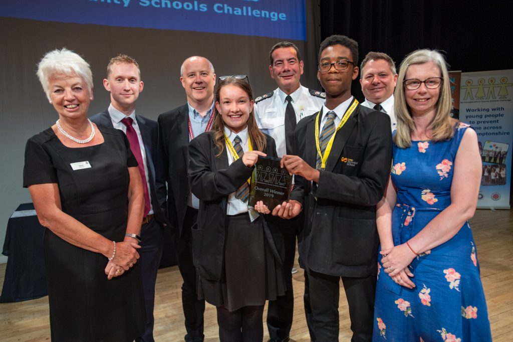 Judges with the winners of Northamptonshire County Schools Challenge: Corby Technical School