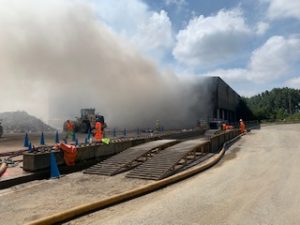 The scene of the fire at a waste transfer station in Rushton