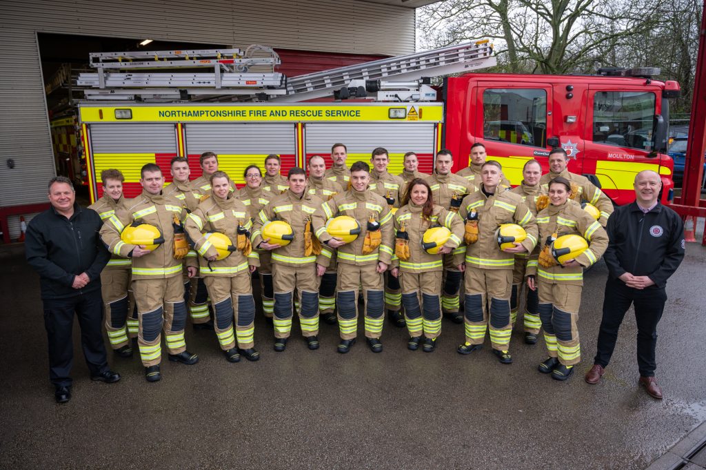 New recruits with Chief Fire Officer Darren Dovey and Police, Fire and Crime Commissioner Stephen Mold