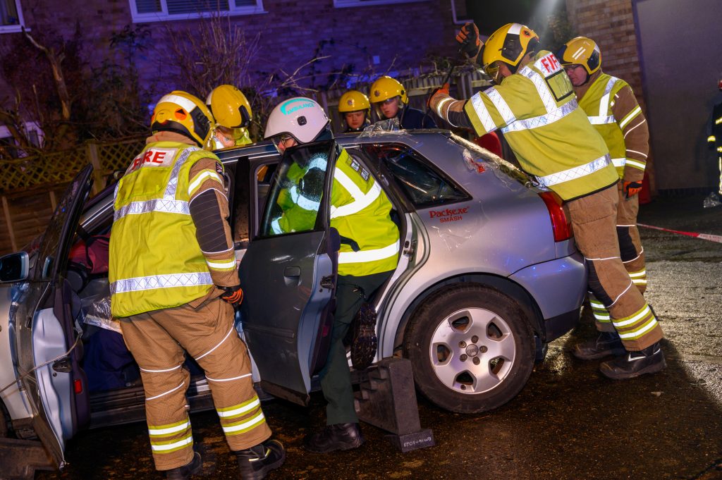 Road traffic collision exercise being carried out at Brixworth