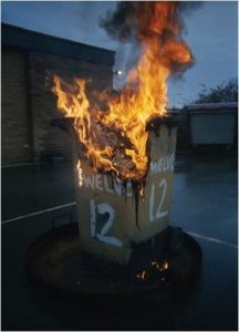 Fire pit with large box inside it ablaze