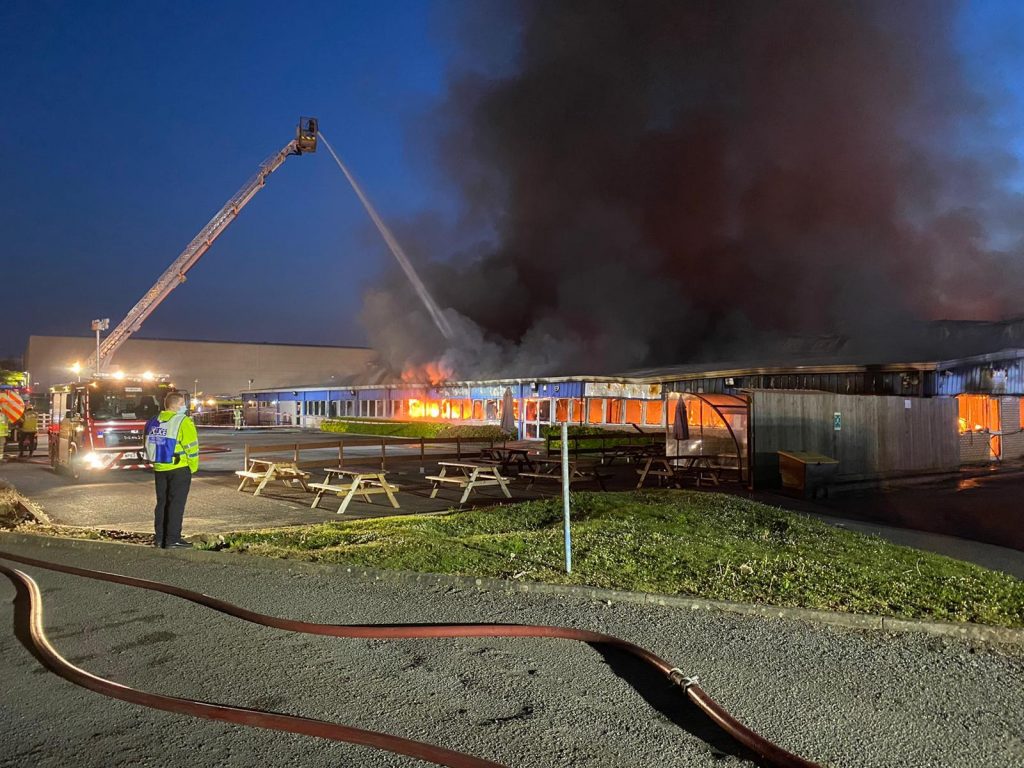 Aerial platform being used to tackle fire at Brackmills