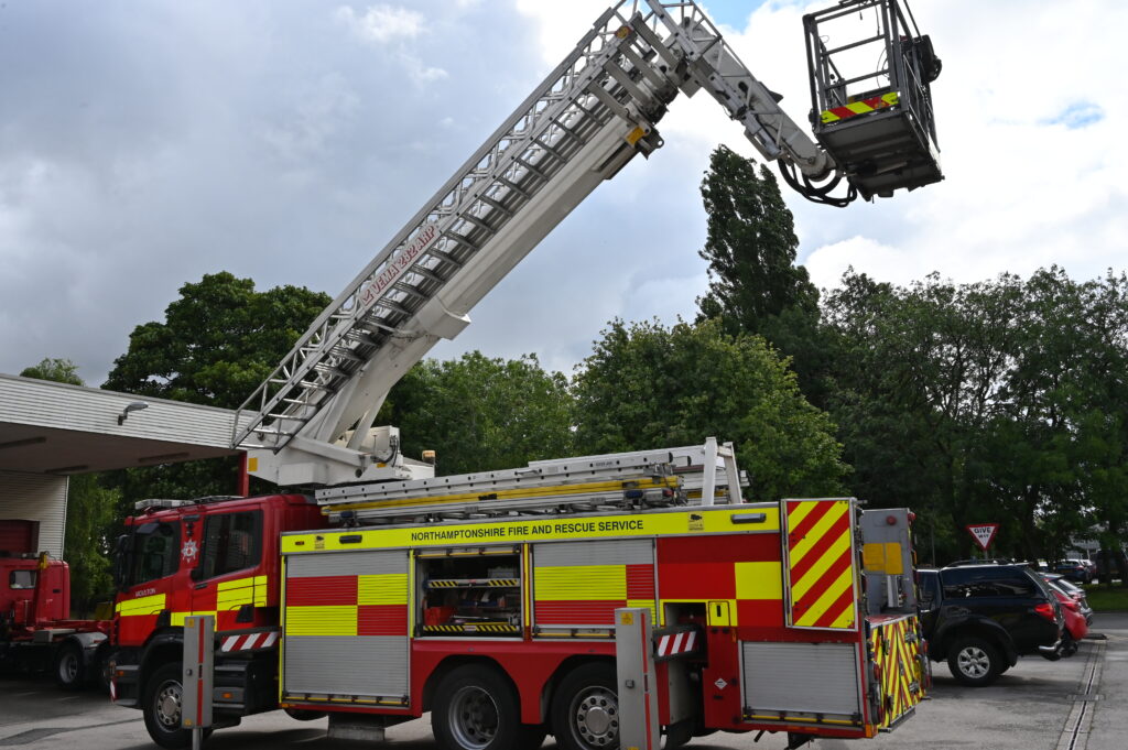 The Combined Aerial Rescue Pump in the drill yard at Moulton Fire Station