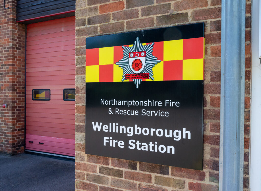 Building sign outside Wellingborough Fire Station