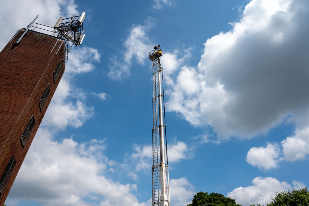 Platform extended on the Combined Aerial Rescue Pump at Moulton Fire Station