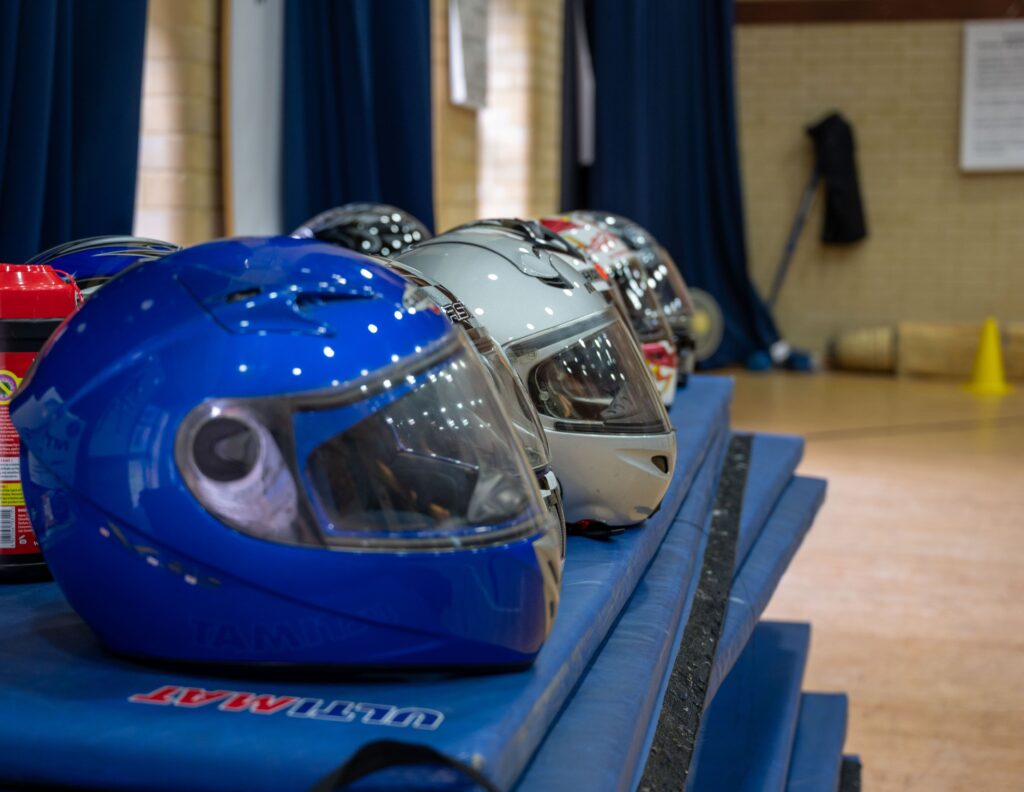 Close up of motorcycle helmets