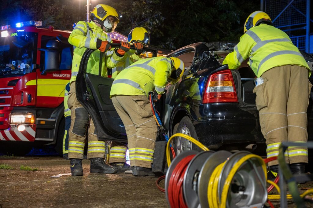 Crew from Brixworth Fire Station conducting a road traffic collision exercise