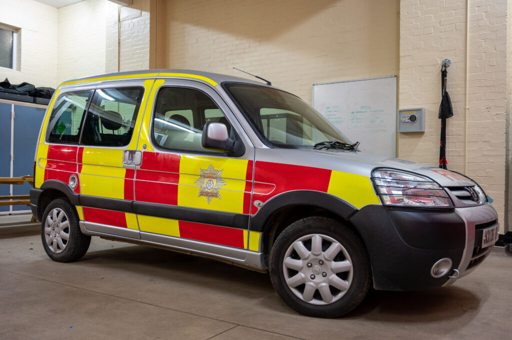 Co-responder van parked inside Brixworth Fire Station