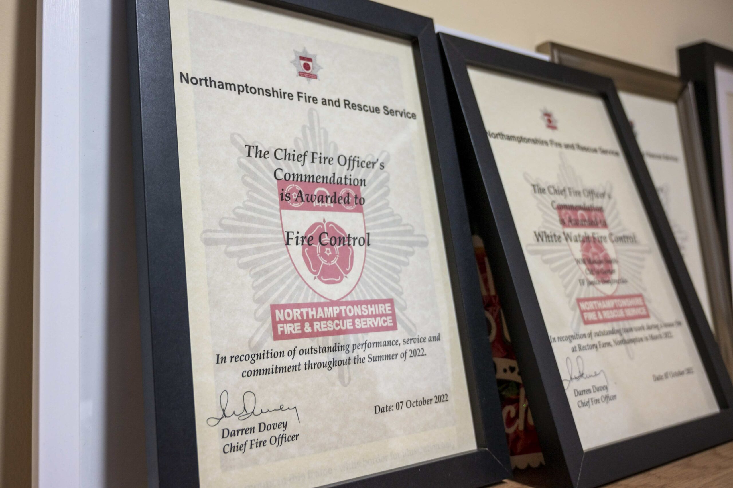 Close up of Chief Fire Officer award to Fire Control