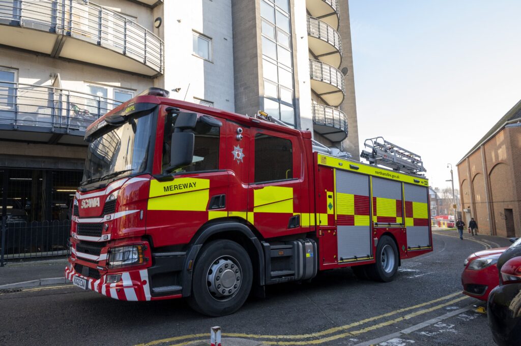 The Mereway fire engine outside The Pinnacle during the high-rise training exercise