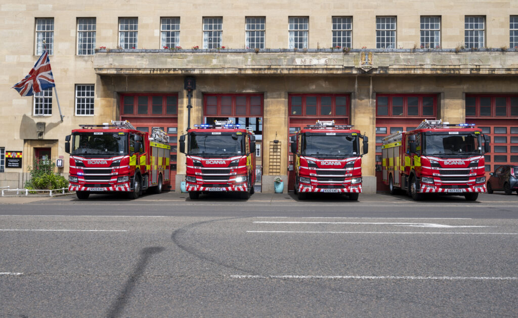 Four fire engines pictured outside of The Mounts Fire Station