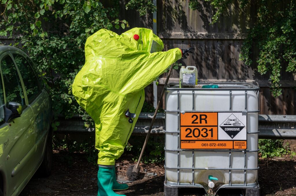 A firefighter during a hazmat exercise 