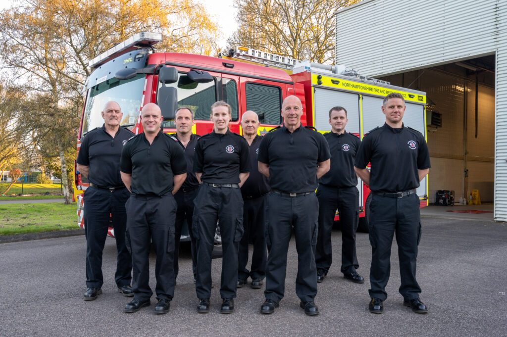 The Moulton on-call crew in front of the fire engine. From left to right are David Seymour, James Kikta, Kevin White, Leah Palmer, Timothy Barrick, Daniel Dolby, Harrison York and Troy Tompkins,