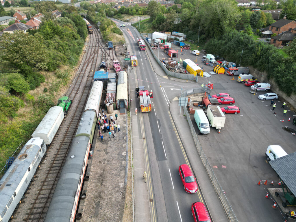 An areal view of the train tracks and mass decontamination area