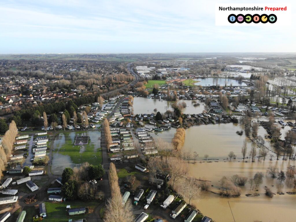 Aerial photo of Billing Aquadrome from 4th January 2024 with Northamptonshire Local Resilience Forum Logo in the top right corner