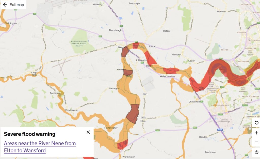 Severe flood warning issues at Yarwell Mill
