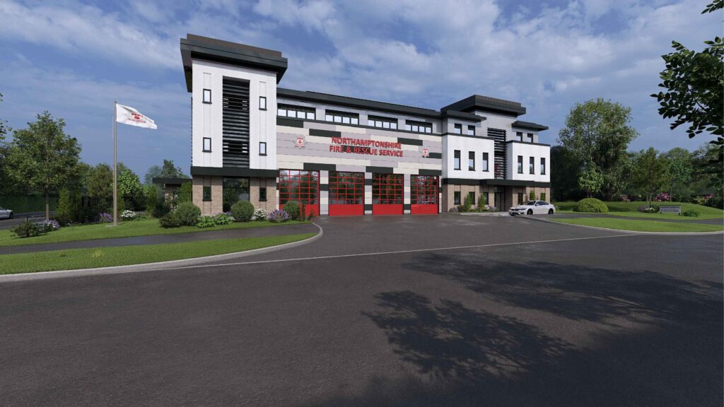 A computer generated image shows an artist's impression of how the new Moulton Fire Station will look. The exterior cladding is white and grey, and there are four red doors at the front for fire engines. The Northamptonshire Fire & Rescue Service logo is across the front of the building.