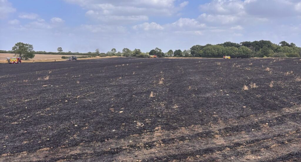 A large field with scorched earth, indicating a recent fire. The ground is mostly blackened with some patches of unburnt vegetation. In the background, several fire trucks and emergency vehicles are scattered across the field and along the tree line. The sky is partly cloudy with a few patches of blue visible.
