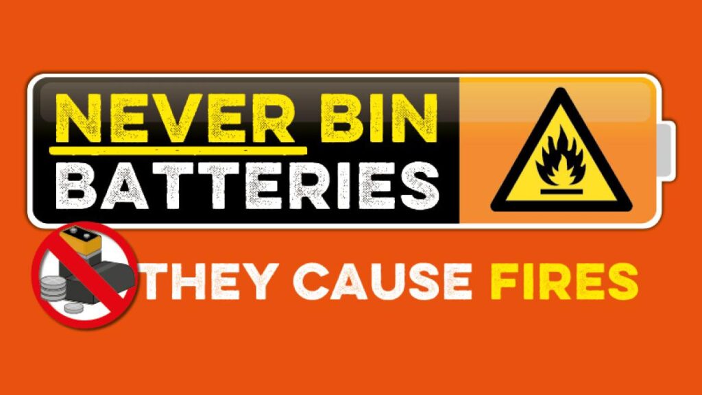 An orange background with a battery icon at the top. Inside the battery icon is a bold warning message in yellow and white text: 'NEVER BIN BATTERIES,' next to a triangular fire hazard symbol. Below, white and yellow text reads: 'THEY CAUSE FIRES.' A red circle with a diagonal line overlays images of various battery types, indicating they should not be disposed of in bins.