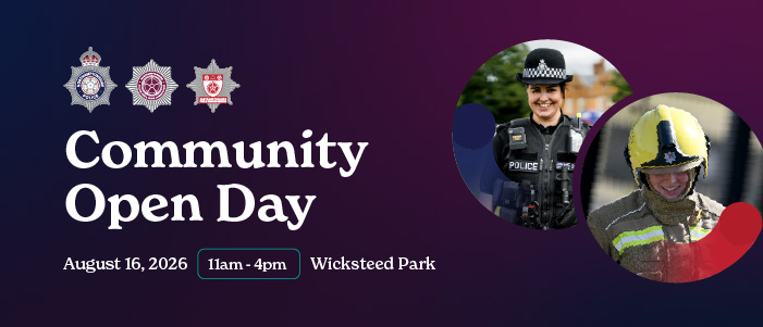 Promotional banner for a “Community Open Day” featuring emergency services logos at the top and large white text on a purple gradient background. Event details read: “August 16, 2026, 11am–4pm, Wicksteed Park.” On the right, two circular images show a uniformed police officer wearing protective gear and a firefighter in full helmet and turnout gear.